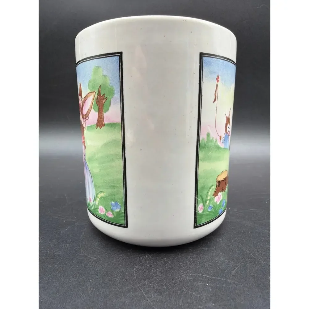 Vintage Art Mark Easter Bunny Rabbit Handle Ceramic Mug Kite Garden Scene 8 Oz